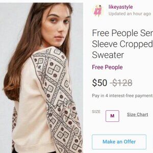 Free People Senorita Embroidered Puff Sleeve Cropped Oversized V-Neck Sweater